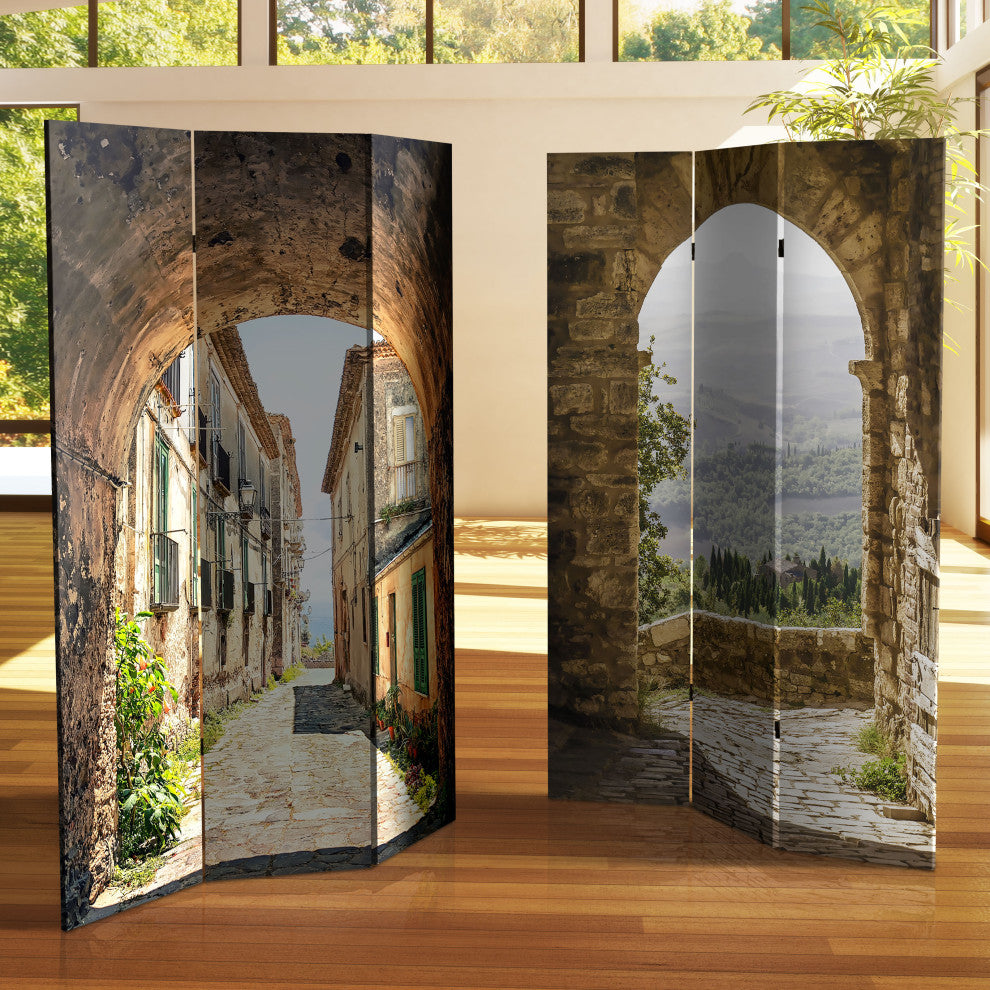 6' Tall Double Sided European Village Canvas Room Divider