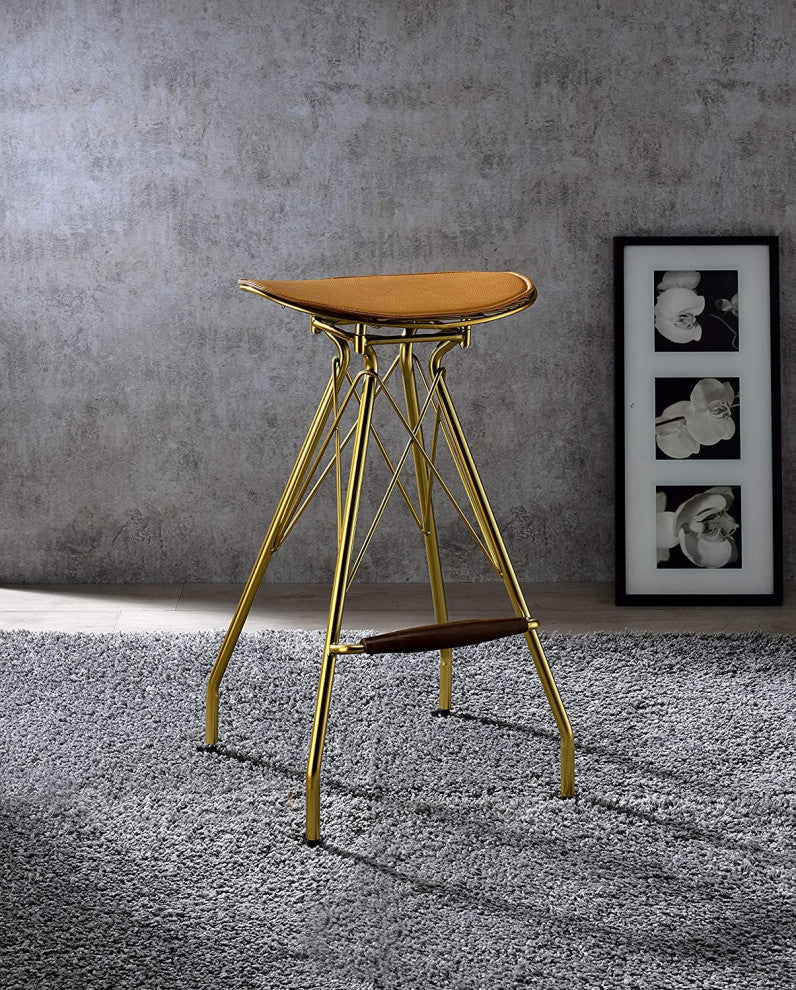 Set of 2 Modern Bar Stool, Unique Design With Golden Legs and PU Whiskey Seat
