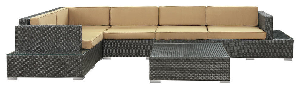 Modern Contemporary Outdoor Patio Rattan & Wicker 6 Pieces Sectional Set, Mocha