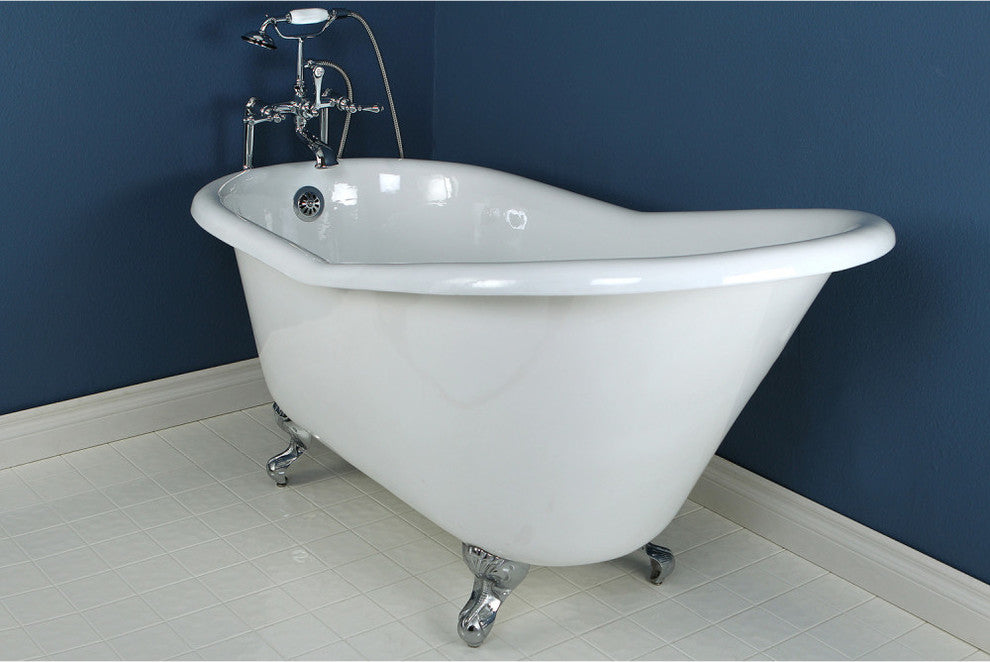 60" Cast Iron Single Slipper Clawfoot Tub (No Faucet Drillings), White/Chrome