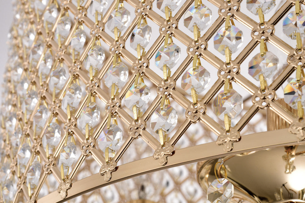 6-Light Gold Round Beaded Drum Chandelier With Hanging Crystals