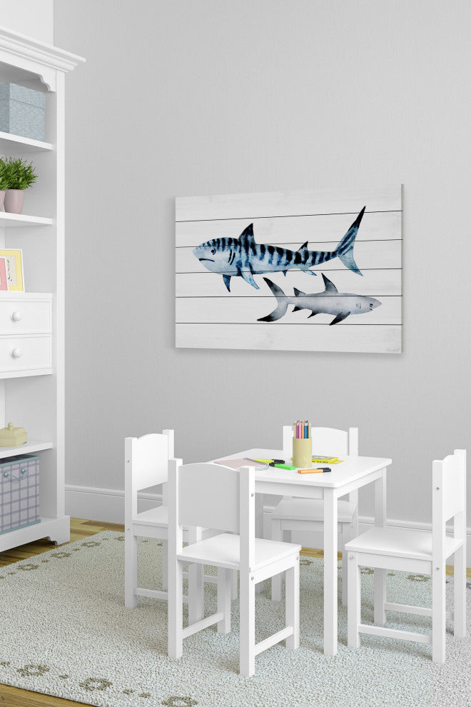 "Sharks Duo" Painting Print on White Wood, 18x12