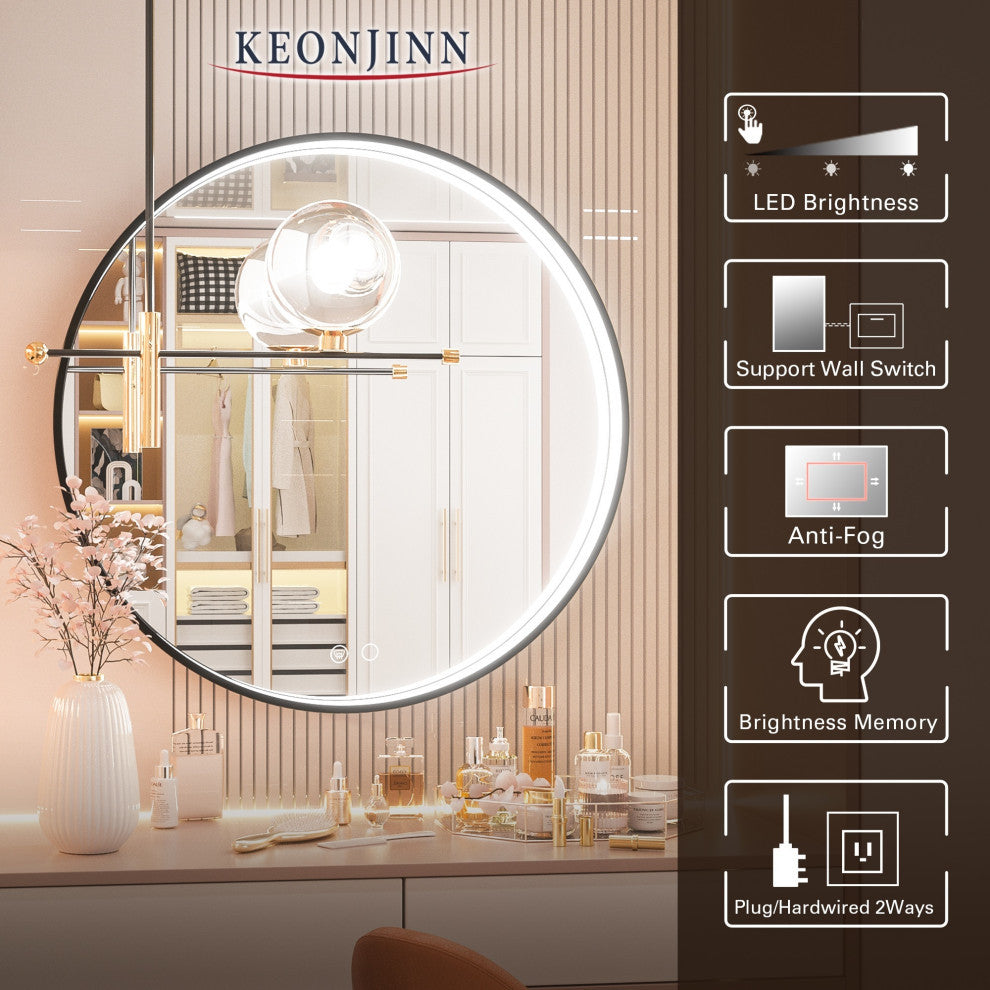 Metal Framed Round LED Vanity Mirror Anti-Fog Wall Mount Makeup Mirror, 24"