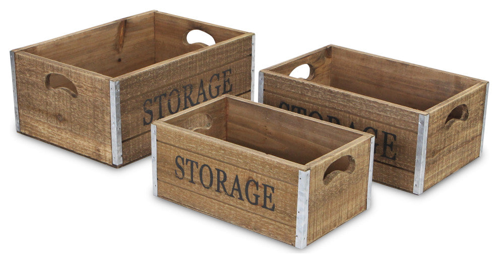 Eika Metal Accented Wooden Storage Crates, 3-Piece Set