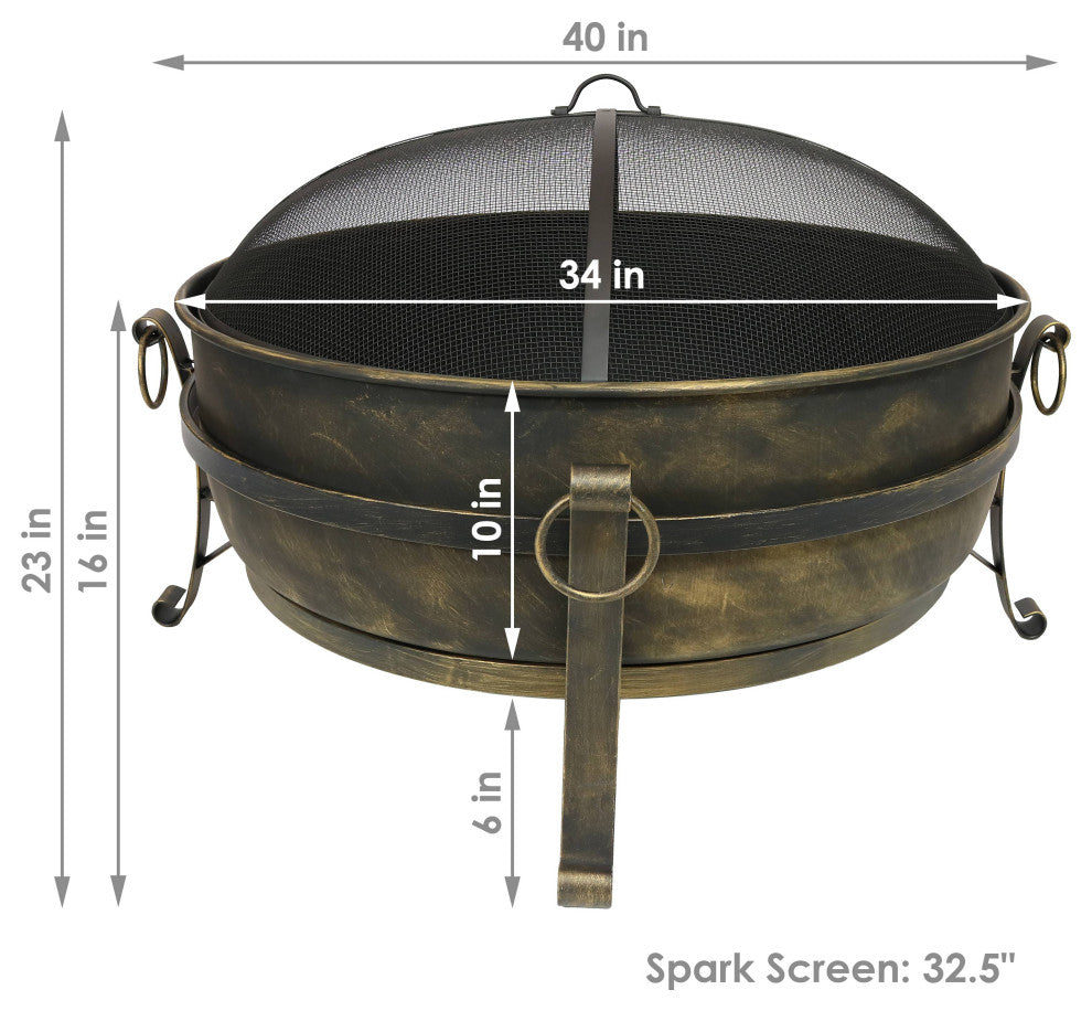 Sunnydaze Large Black Steel Cauldron Outdoor Fire Pit With Spark Screen, 34"