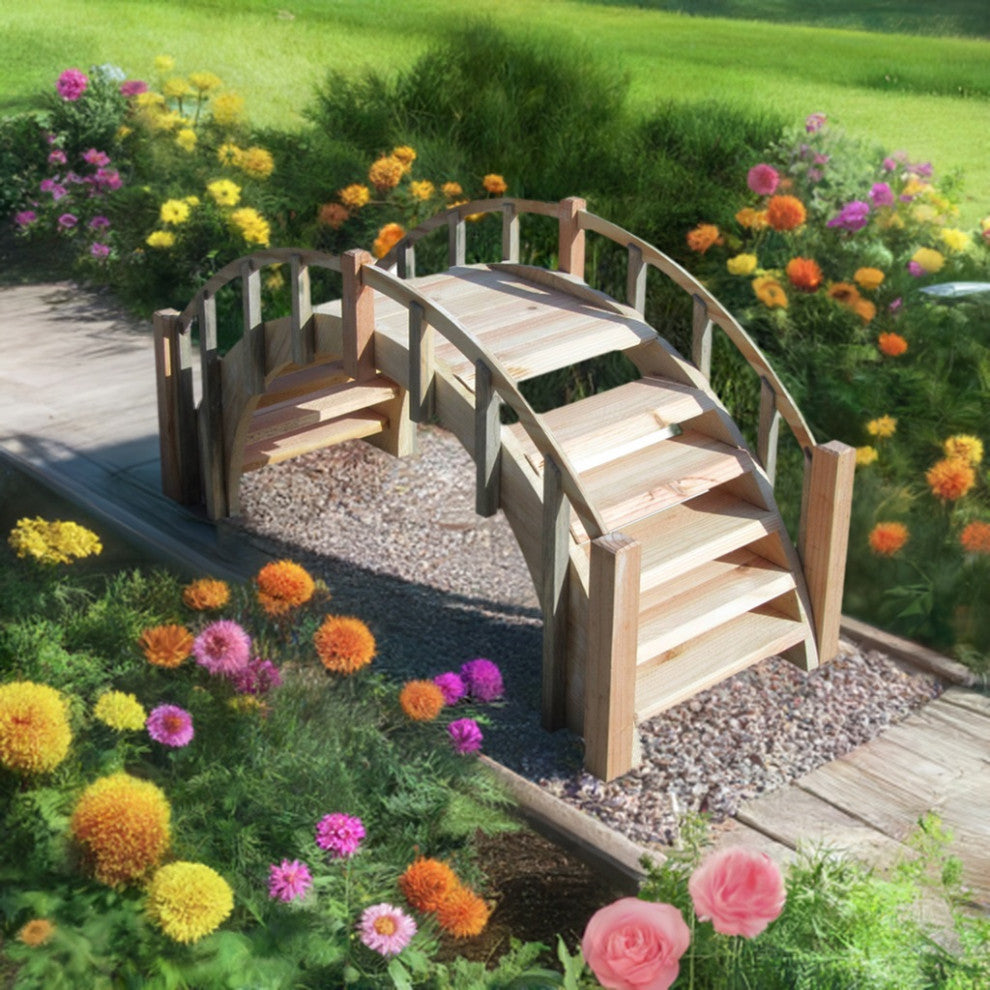 SamsGazebos Fairy Tale Wood Garden Bridge With Picket Railings, Unfinished