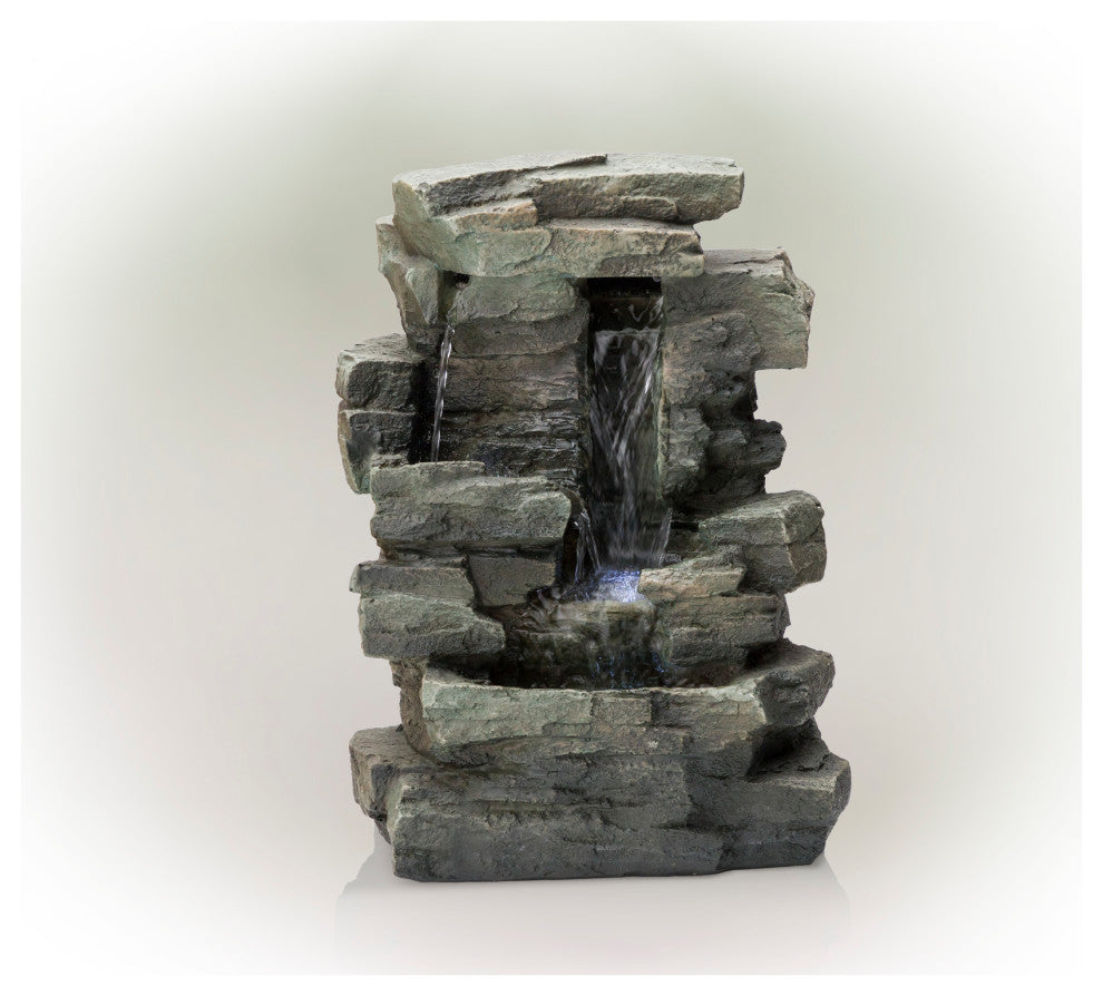 13" Tall Indoor 4-Tier Cascading Tabletop Fountain with LED Lights, Gray