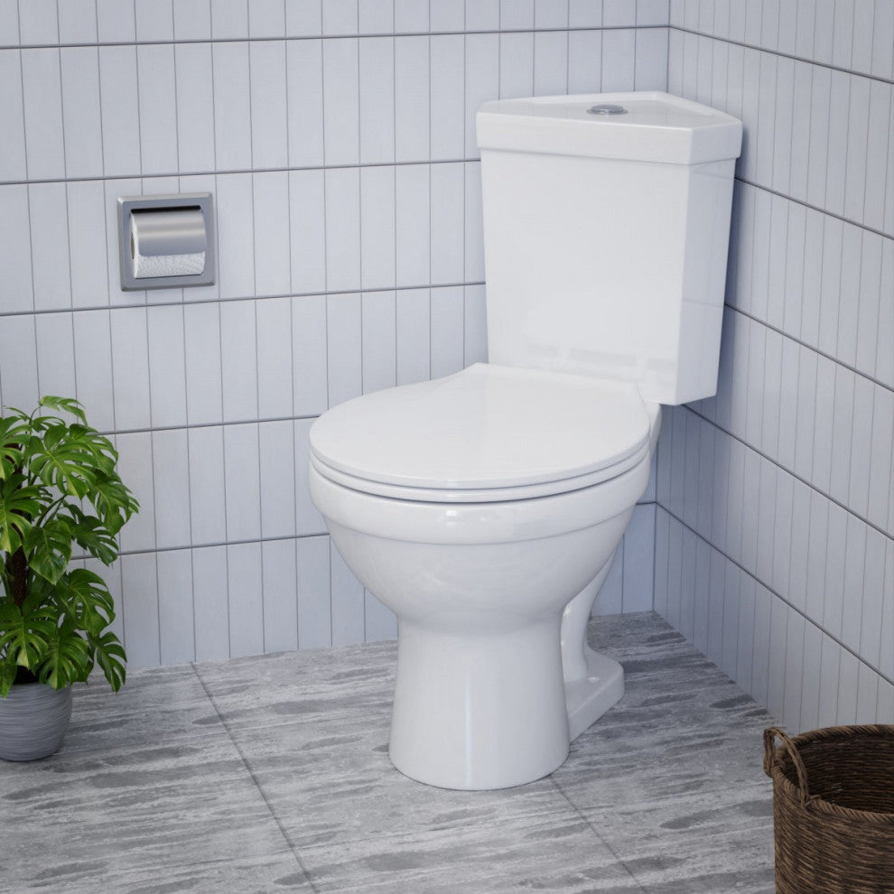 Troyt White Corner 2-Pc Round Toilet White WaterSense Dual Flush