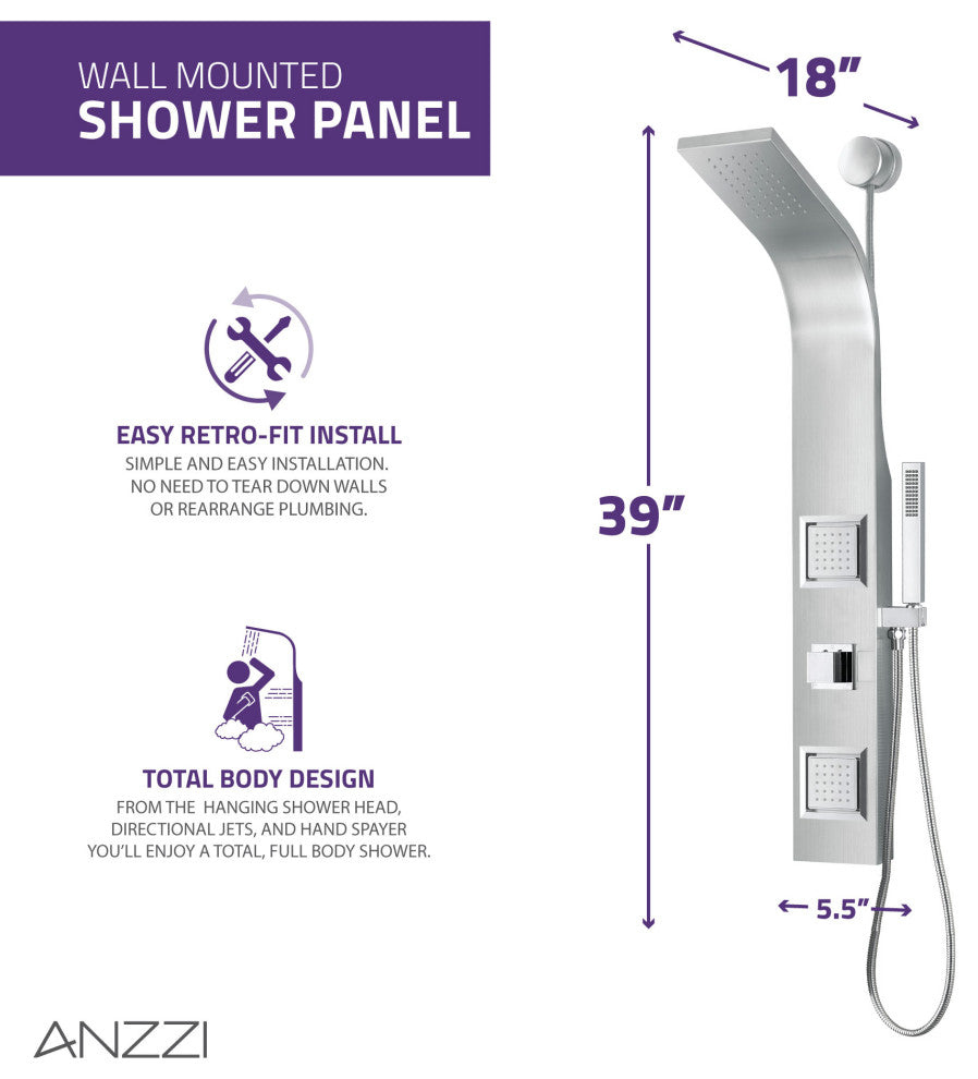 Aura 2-Jetted Shower Panel With Heavy Rain Shower and Spray Wand, Brushed Steel