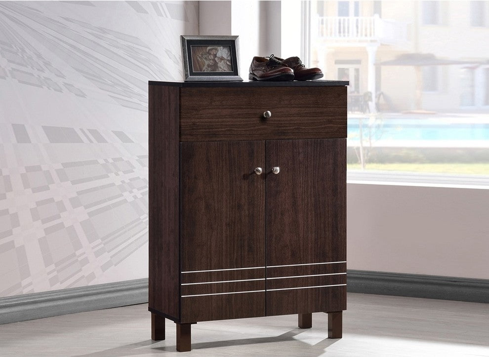 Felda Dark Brown Shoe Cabinet With 2 Doors and Drawer