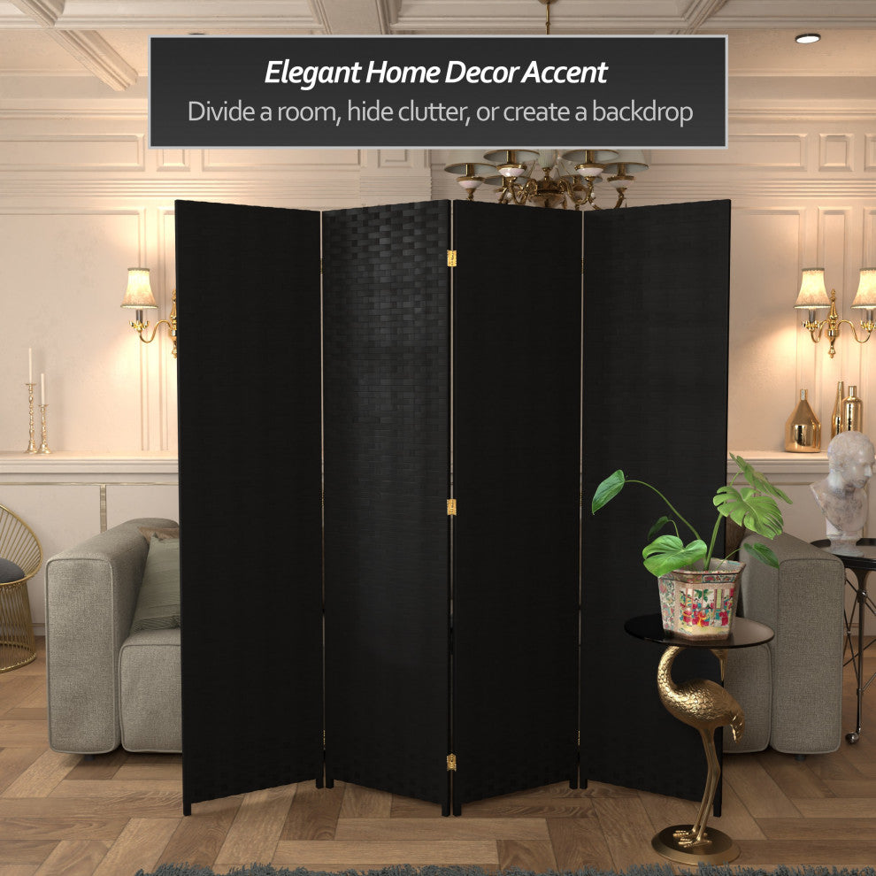6' Tall Woven Fiber Room Divider, 4 Panel, Black