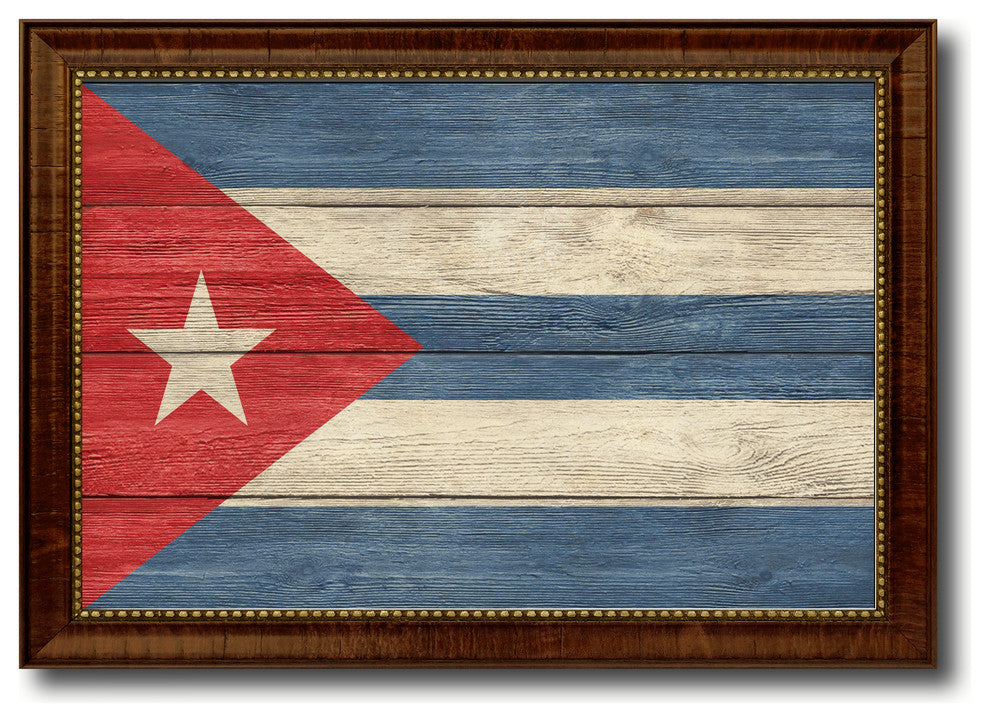 Cuba Country Textured Flag Print With Brown Gold Frame, 19"X27"