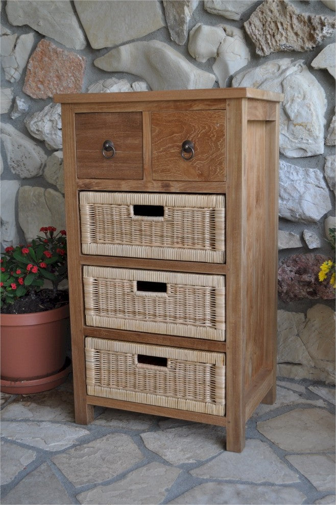 Anderson Teak TB-2130C Safari Occasional Table With Drawer & Rattan Baskets
