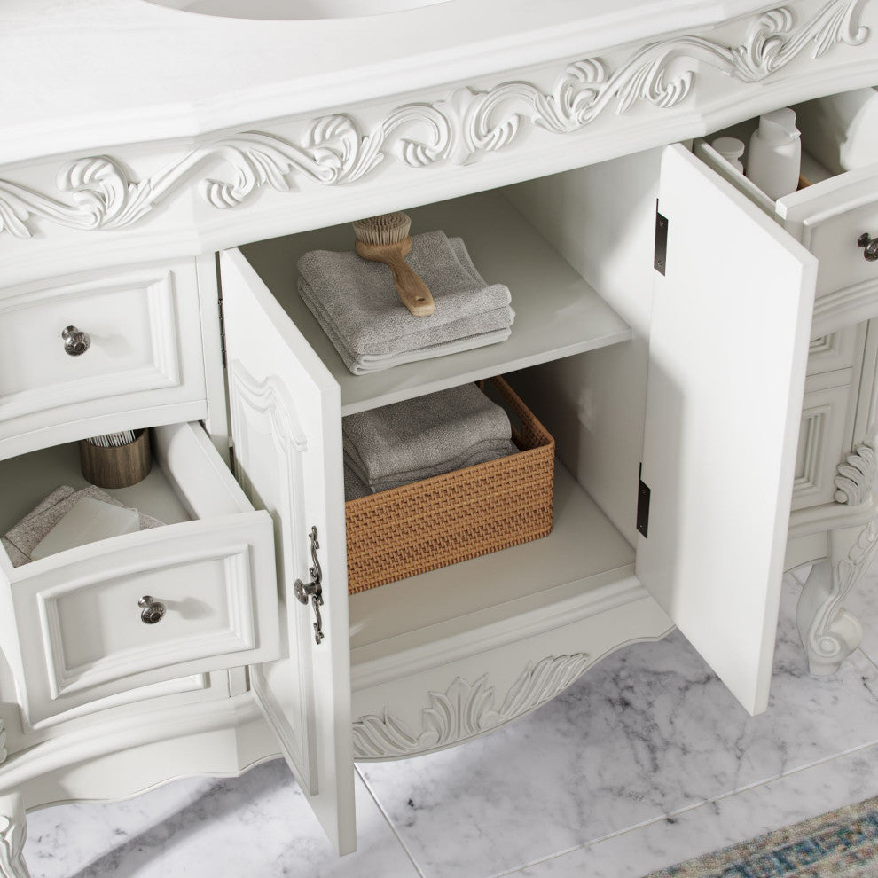 Antique White Traditional Style Single Sink Beckham Bathroom Vanity, White, 42", Single Sink, With Mirror, Freestanding