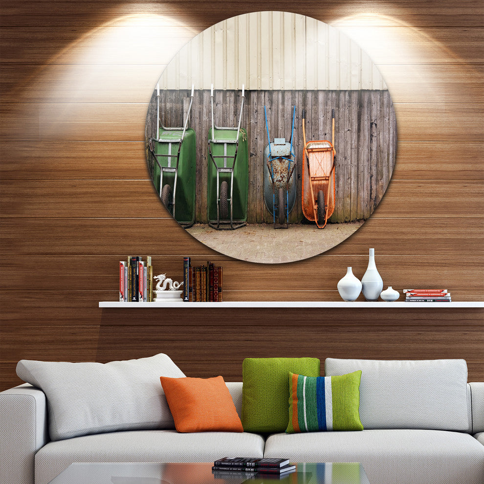 Row Of Wheelbarrows, Landscape Photo Round Wall Art, 36"