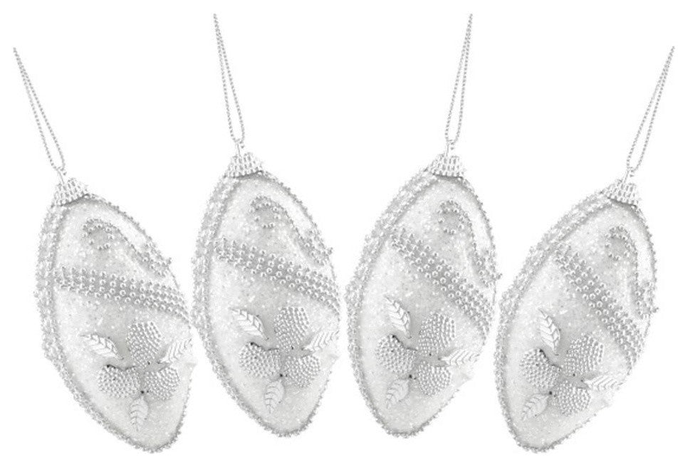 White and Silver Beaded and Glittered Christmas Ornaments, Set of 4