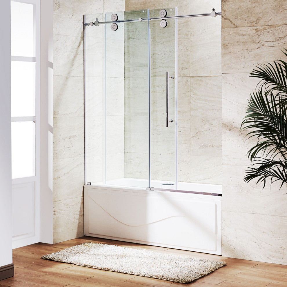 VIGO Elan 56" to 60" W x 66" H Frameless Sliding Tub Door, Chrome, Clear Glass