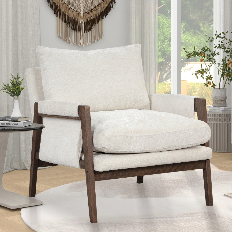 GDF Studio Mid-Century Modern Velvet Accent Chair, Rubber Wood Frame, White