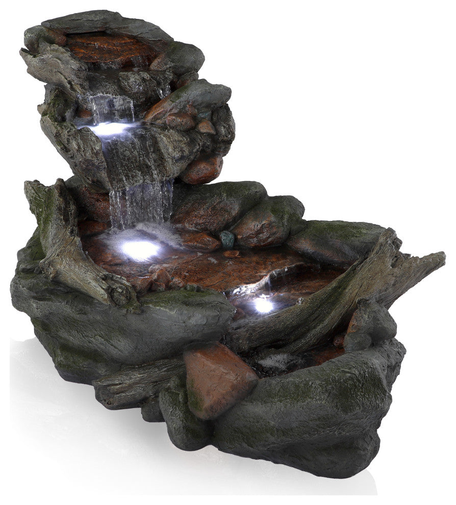 60" Long 3-Tier Rainforest Rock River Hand-Painted Fountain with LED Lights