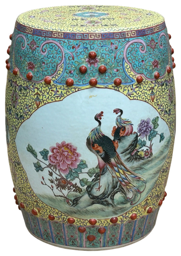 Vintage Famille Rose Yellow Base Peacocks Peony Porcelain Round Stool Hws4350