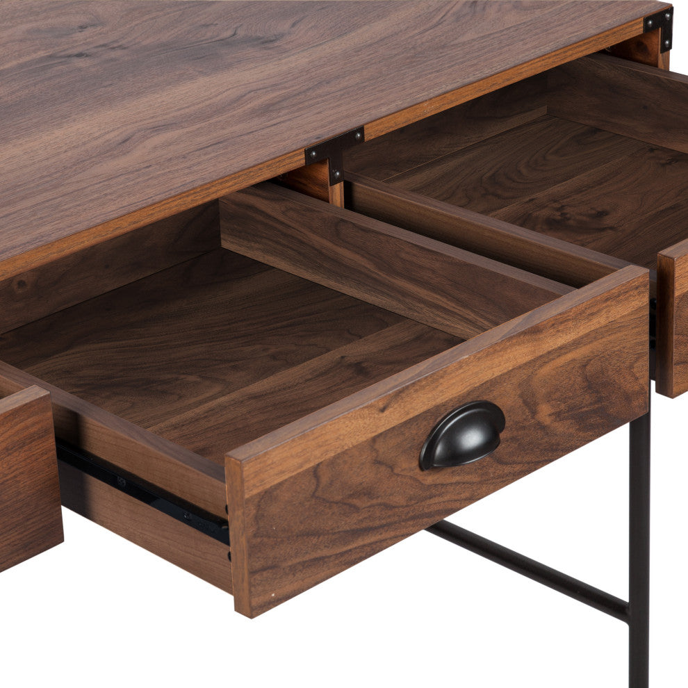 Brunei 59'' Wide 3 Drawer Wood Grain Farmhouse Writing Desk  in Walnut, Walnut Wood Grain