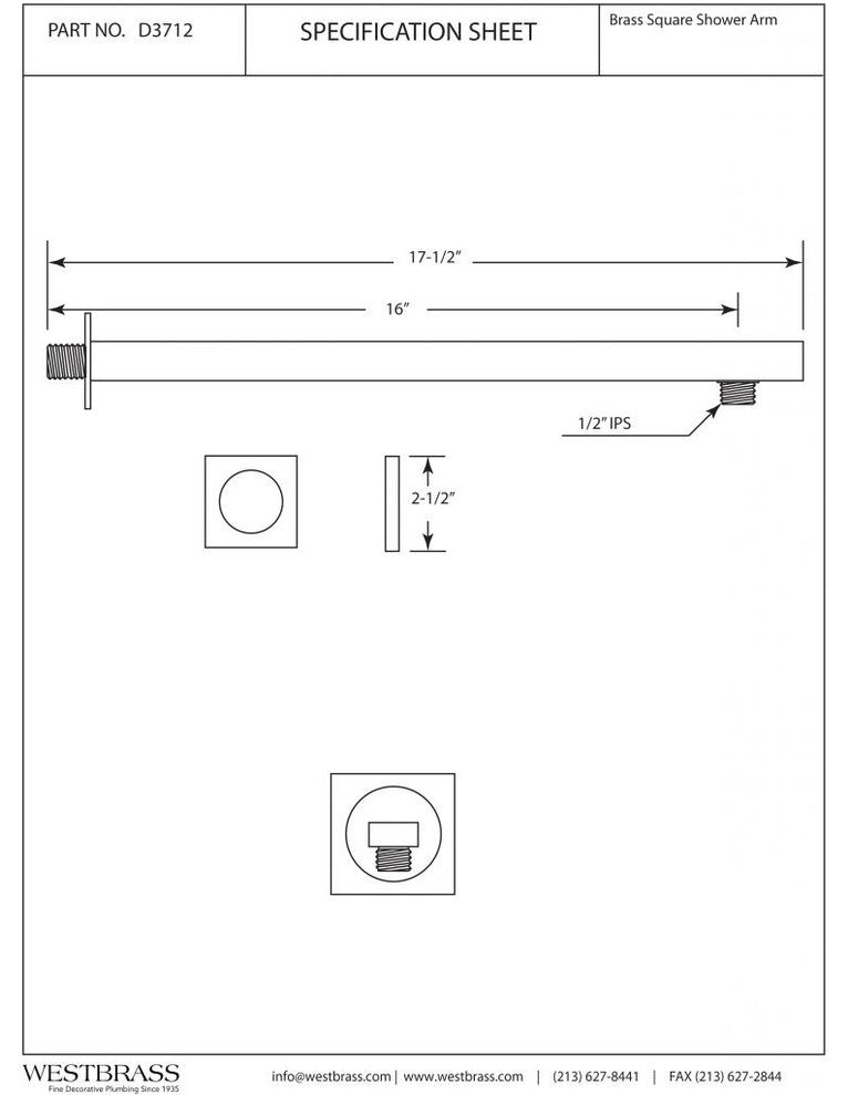 1/2" Ips X 16" Square 90-Degree Rain Arm With Flange In Polished Chrome