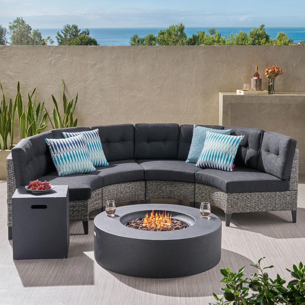 GDF Studio 6-Piece Nessett Outdoor Black Wicker Half Round Sofa, Dark Gray