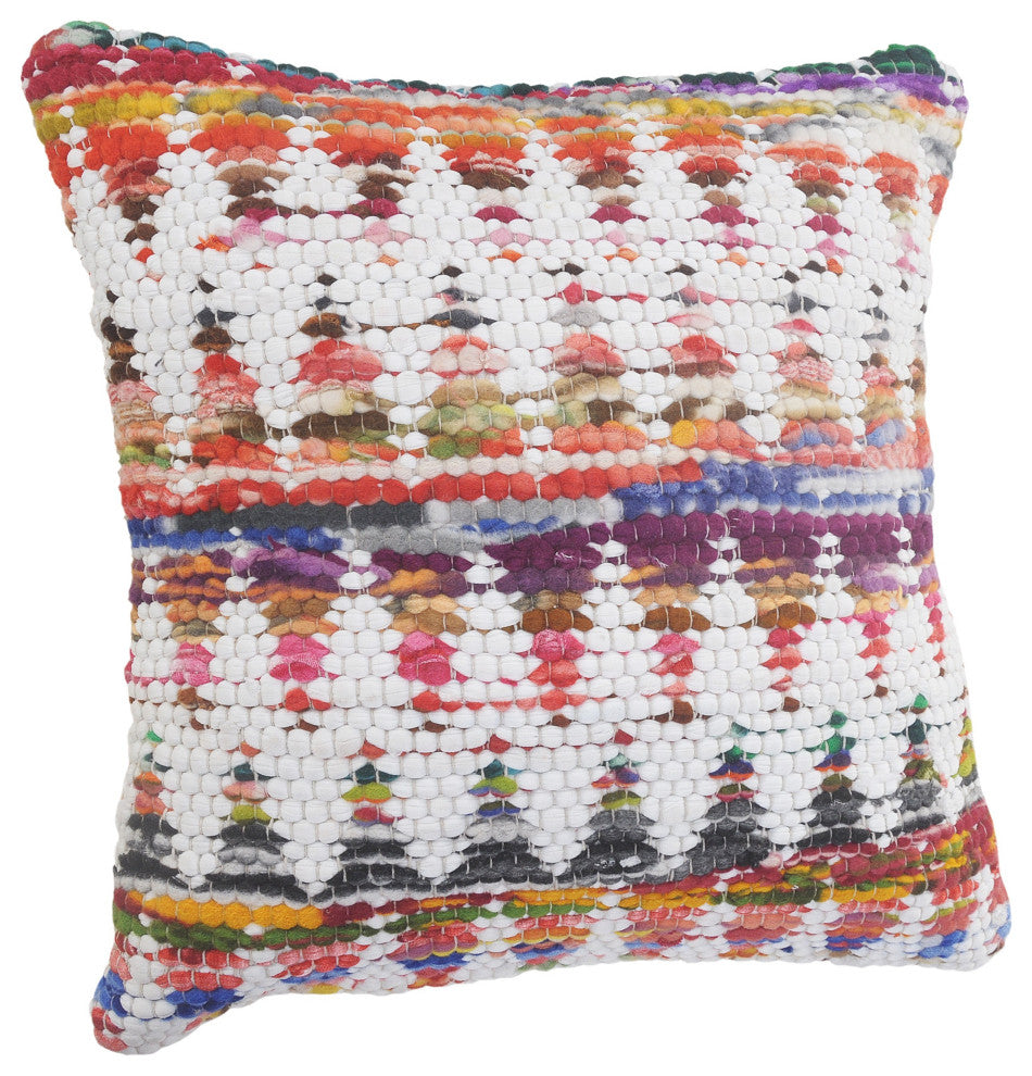 White and Multicolored Chindi Chevron Throw Pillow, 20" X 20"