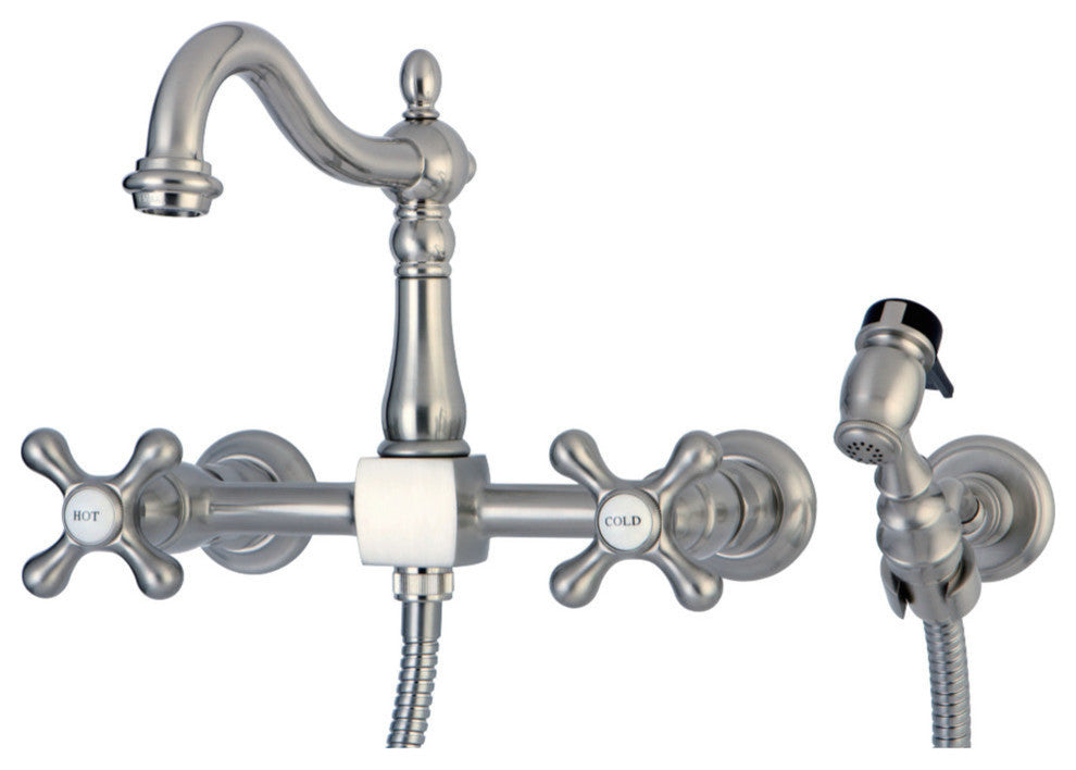 Heritage Wall Mount Bridge Kitchen Faucet, Brass Sprayer, Brushed Nickel