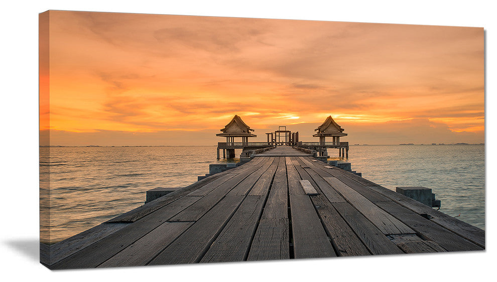 "Massive Wooden Bridge Into The Sea" Sea Pier and Bridge Art Canvas, 32"x16"