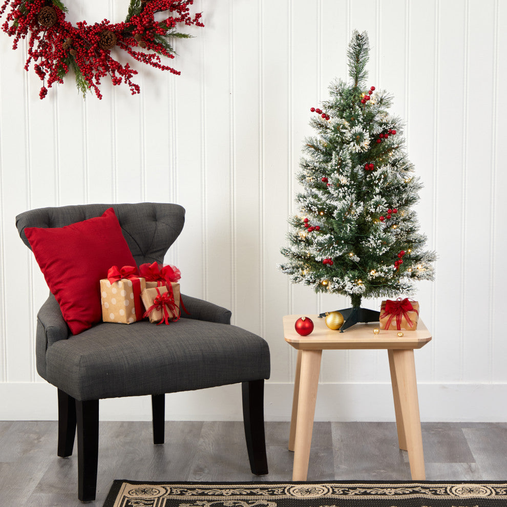 3' Frosted Swiss Pine Faux Christmas Tree With 50 Clear LED Lights and Berries