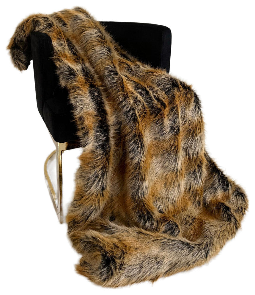 Plutus Brown Gold Chinchilla Faux Fur Throw Blanket, 90"L x 90"W Full