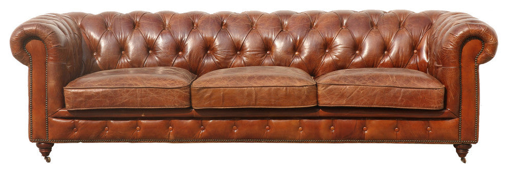 Paris Club Top Grain Leather Chesterfield Tufted Sofa, Brown