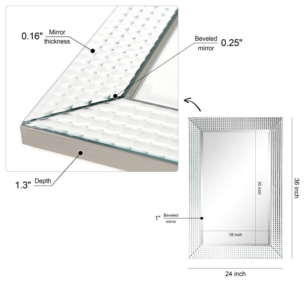Bling Beveled Glass Rectangle Wall Mirr, 1" Beveled Center, Wood Frame, 36"x24"