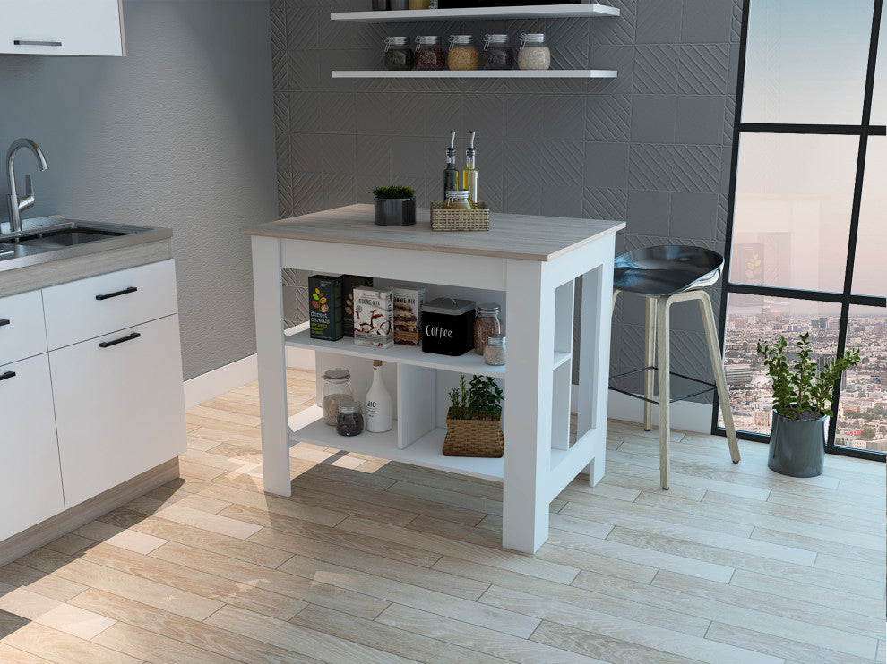 FM FURNITURE Brooklyn Surface Kitchen Island with Three Concealed Shelves