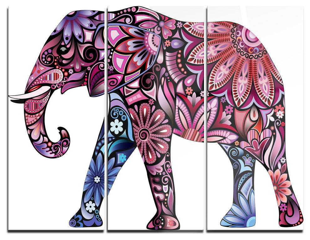 "Purple Cheerful Elephant" Digital Metal Wall Art, 3 Panels, 36"x28"