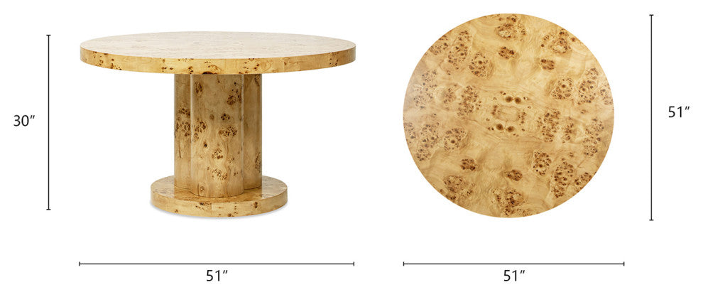 Nebula 51" Japandi Burl Wood Round Dining Table, Warm Natural Brown