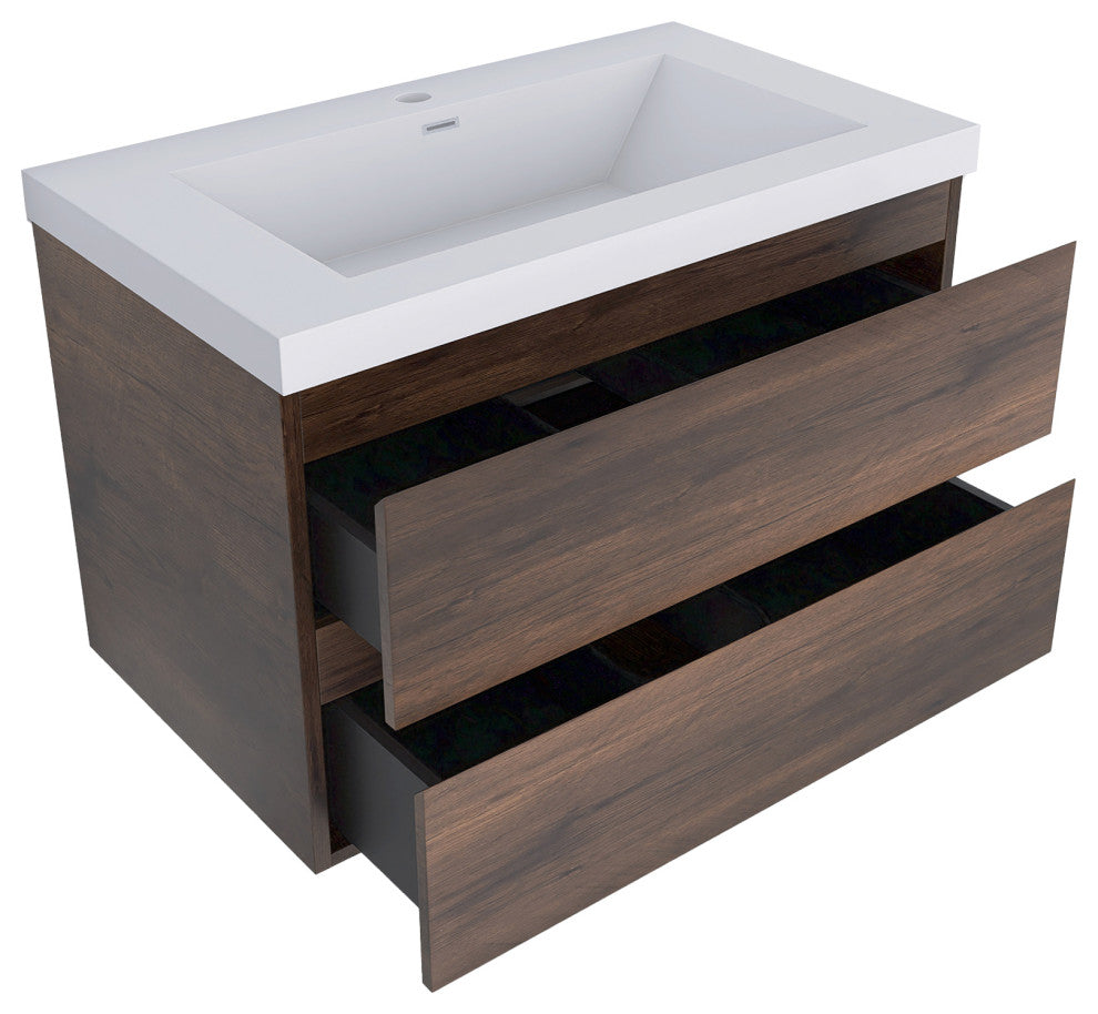 Wall-Mounted Bathroom Vanity with Integrated Resin Sink, Rose Wood, 36in.