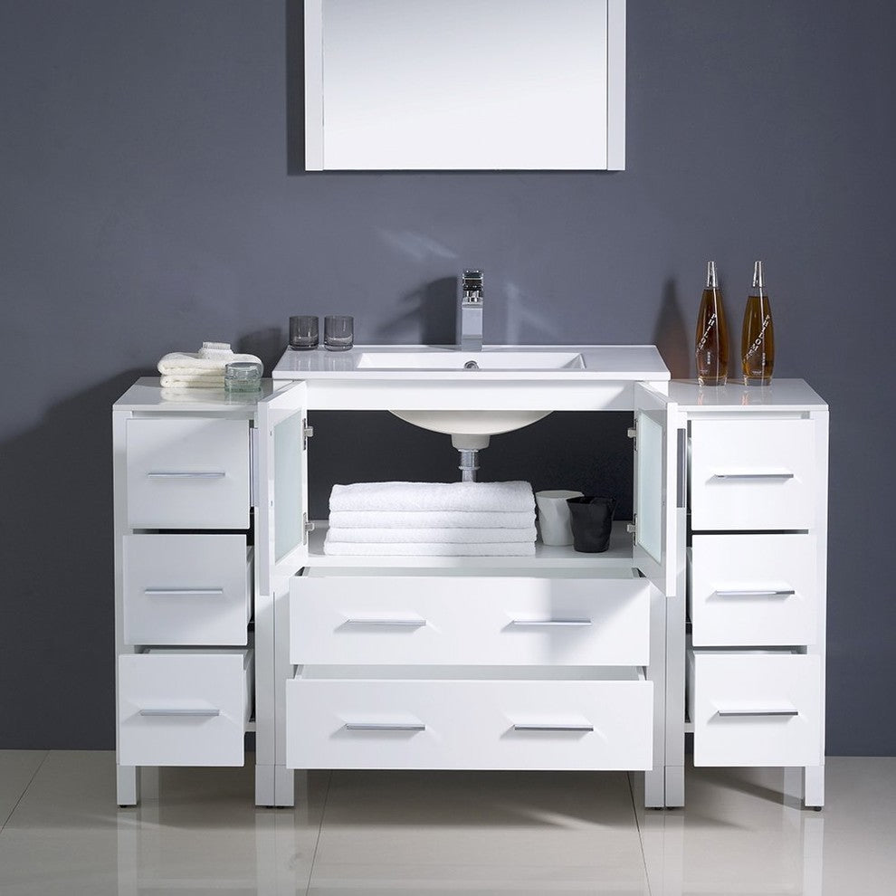 Torino 54" White Modern Bathroom Vanity With 2 Side Cabinets, FFT9151CH