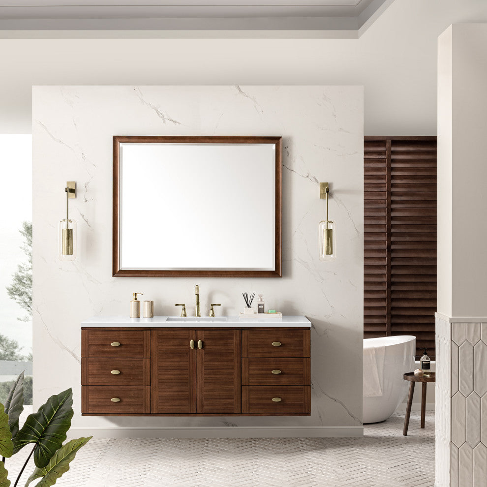 Amberly 30" Single Vanity, Mid-Century Walnut, 72", White Zeus, Three-Hole