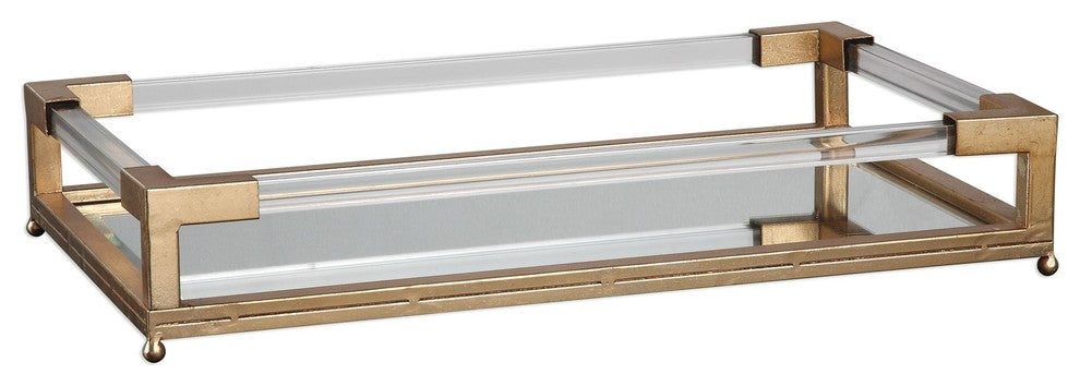 Midcentury Gold Mirrored Decorative Tray, Open Tube Geometric Clear