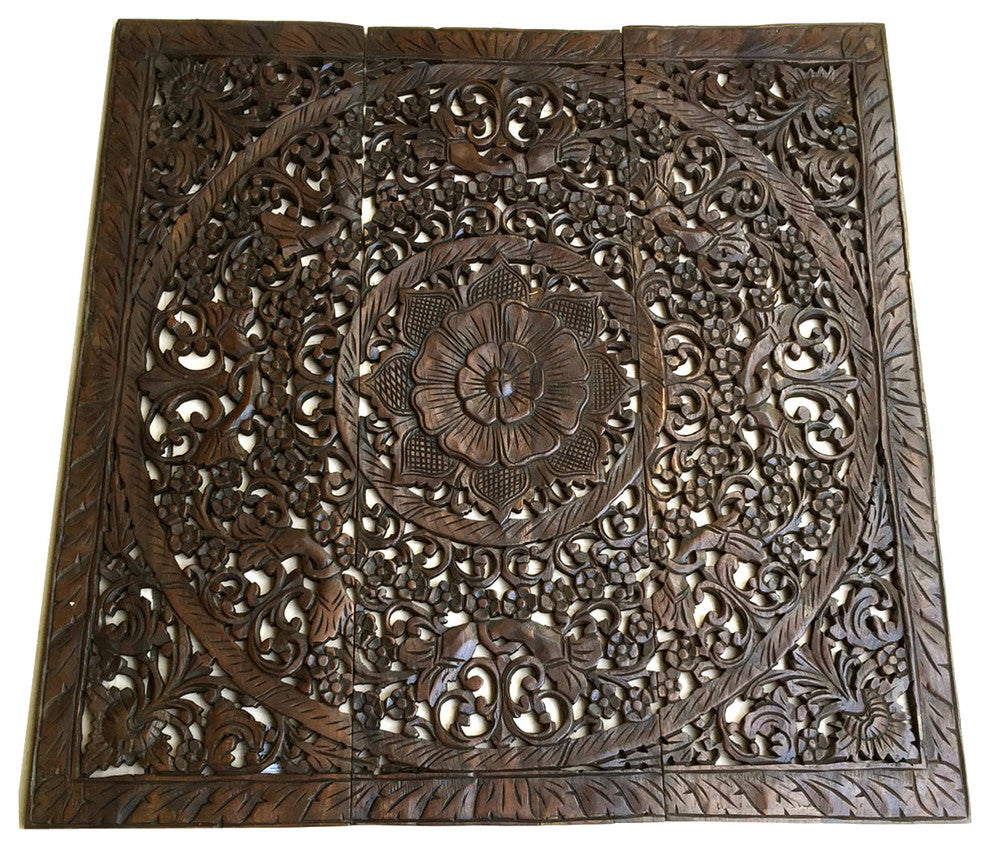 Elegant Wood Carved Wall Panels, 36", Set of 3