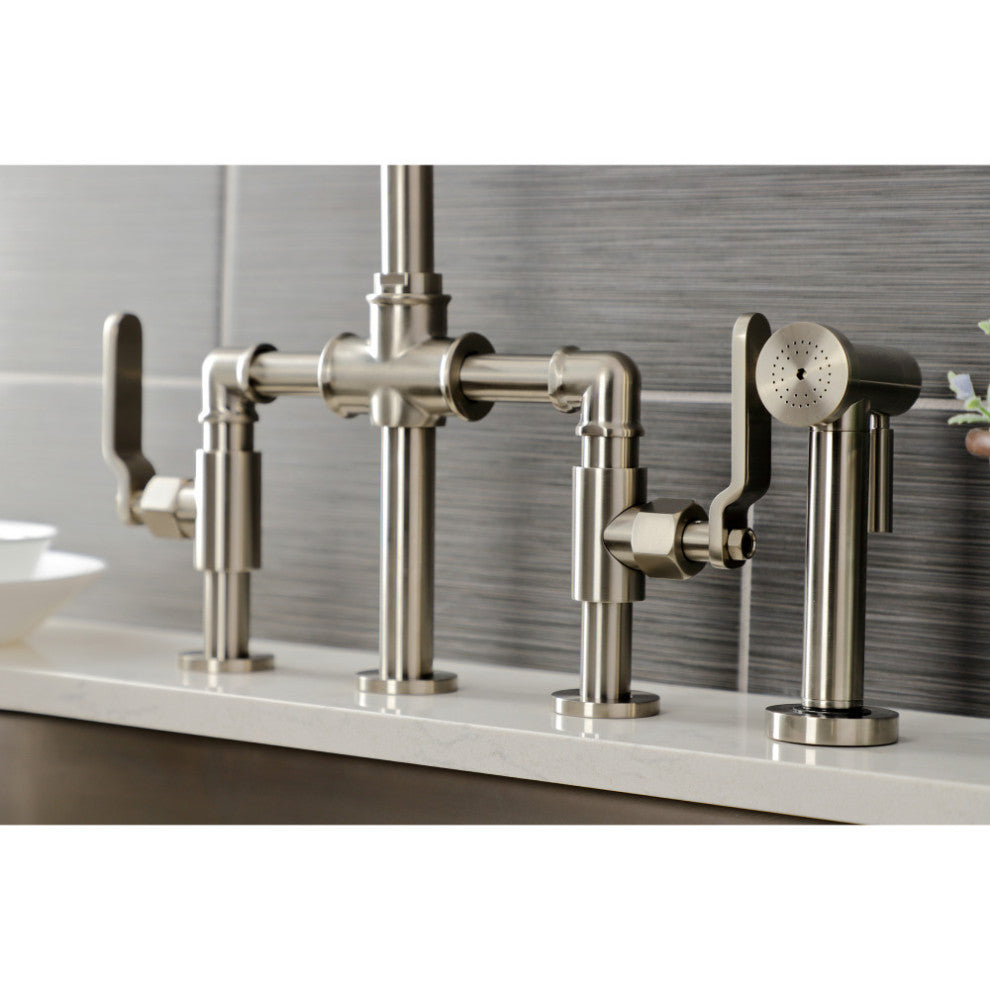 Industrial Style Bridge Kitchen Faucet and Brass Sprayer, Brushed Nickel