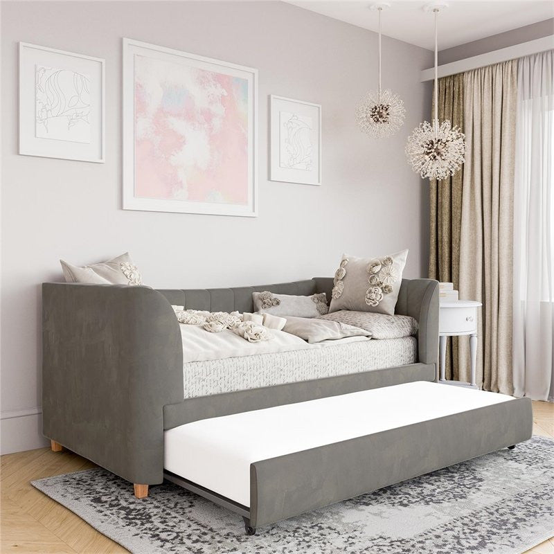 Little Seeds Valentina Upholstered Twin Daybed with Trundle in Gray Velvet