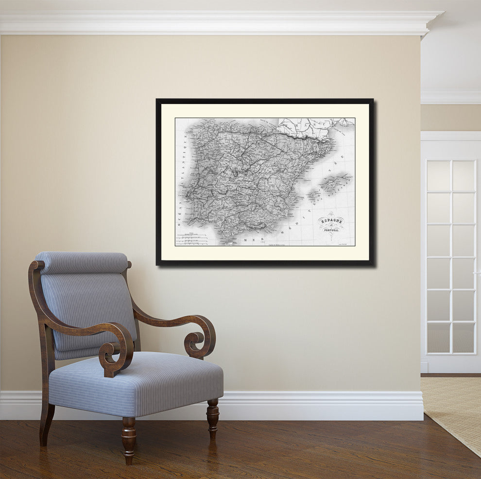 Spain Portugal Vintage B&W Map Canvas Print, 16"x21"