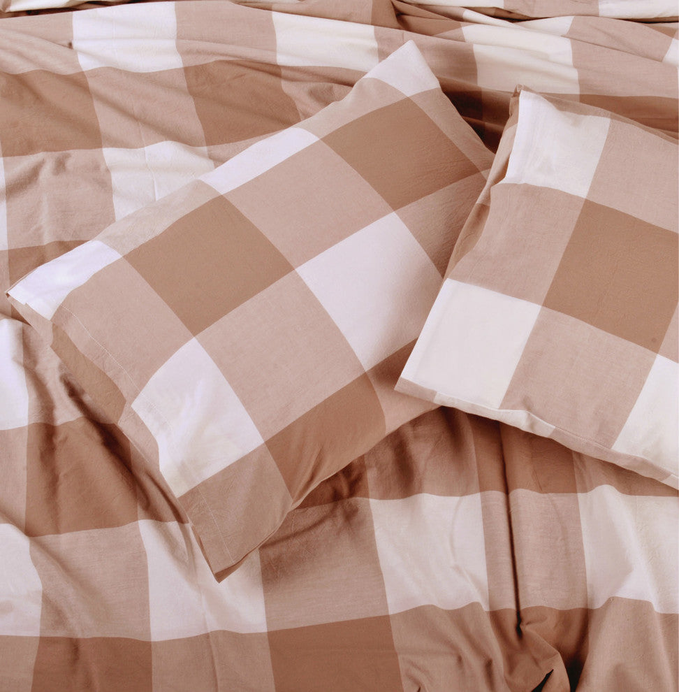 Gingham Washed Cotton 3 Piece Duvet Set, Coffee, King (102" X 90")