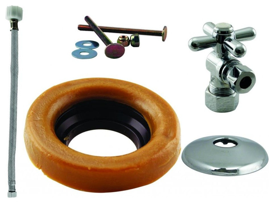 Toilet Kit With 1/4-Turn Stop And Wax Ring - Cross Handle In Polished Chrome