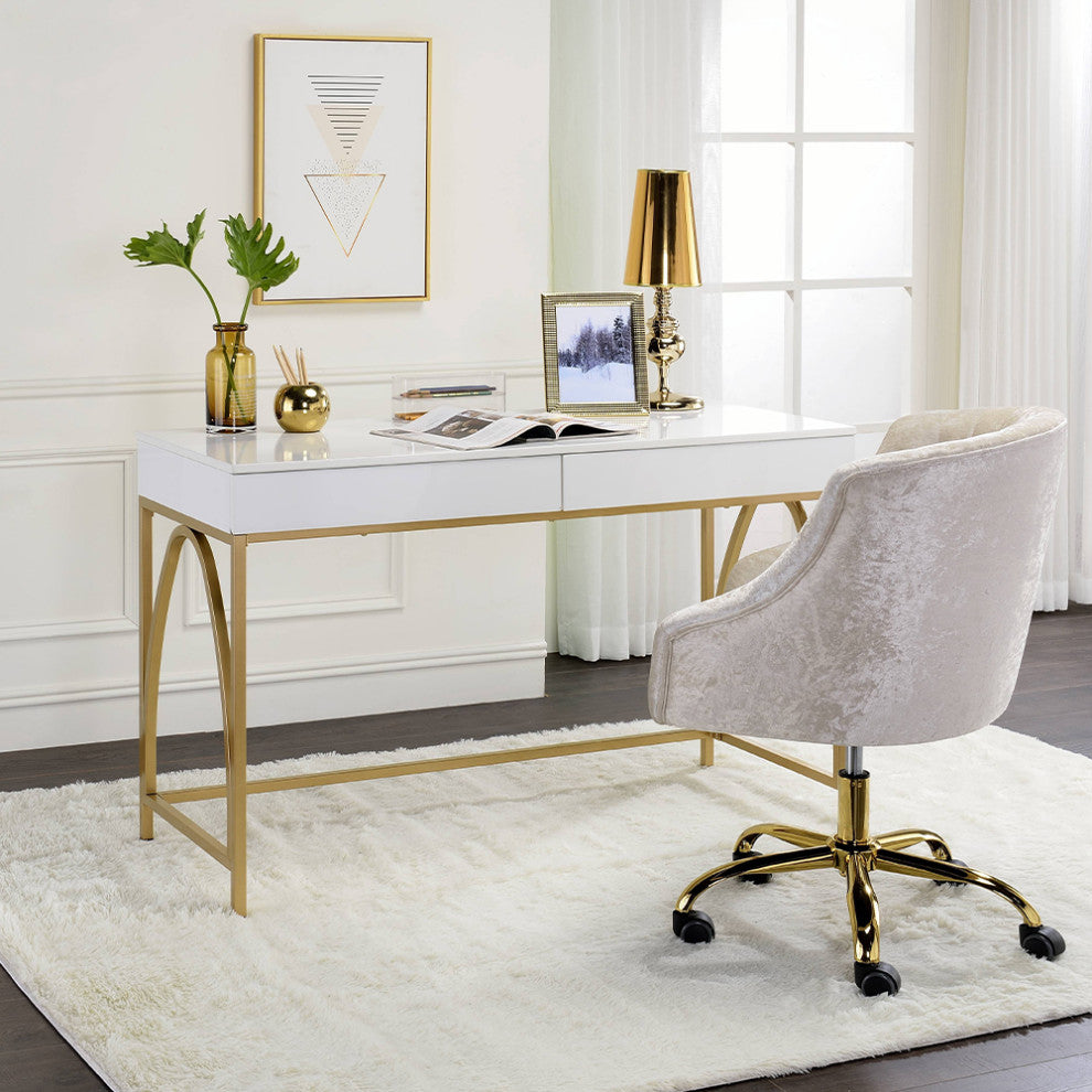 Acme Lightmane Vanity Desk, White High Gloss/Gold Finish