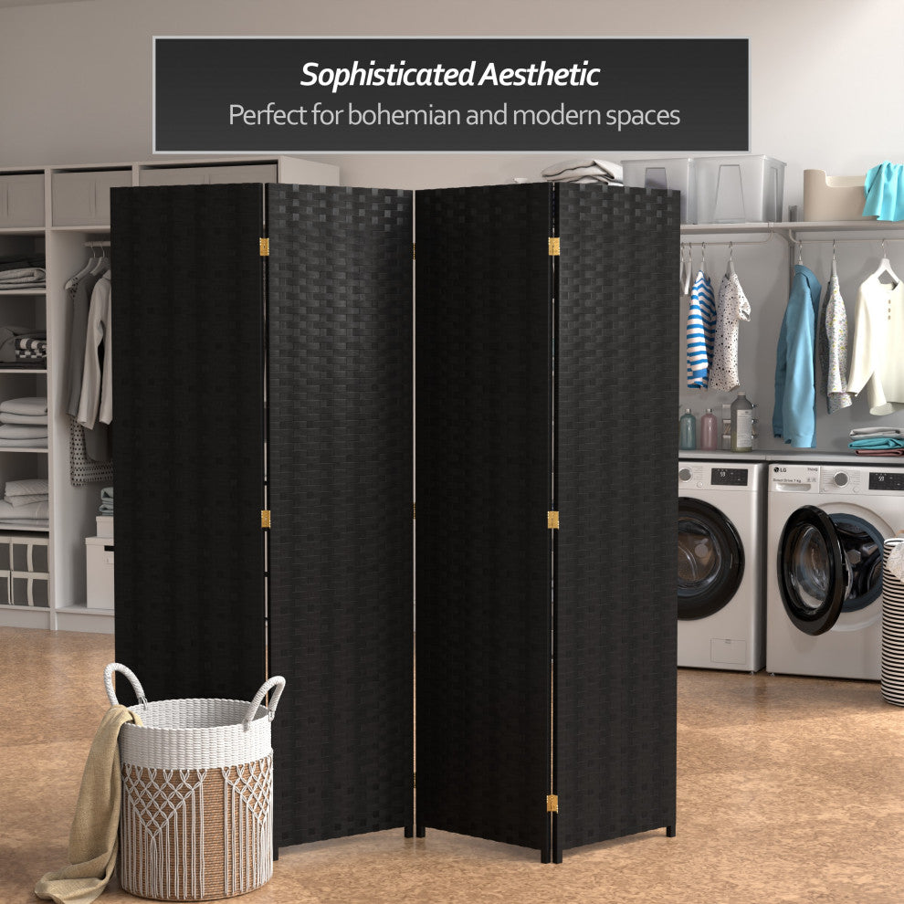 6' Tall Woven Fiber Room Divider, 4 Panel, Black