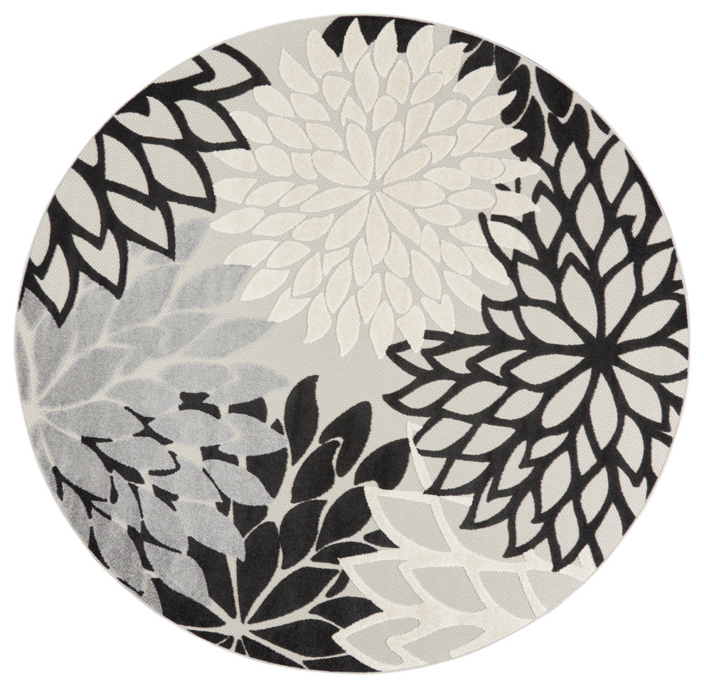 Nourison Aloha 7'10" x Round Black White Tropical Rug